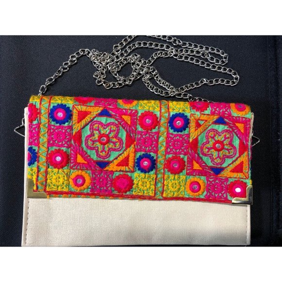 Neon Pink Yellow and Blue Embroidered Small Shoulder Pocketbook from India - Picture 1 of 6